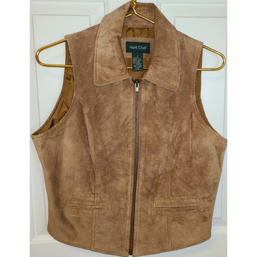 Hunt Club Vintage Women's Suede 100% Leather Vest Tan Front Pockets Size 6 Zip